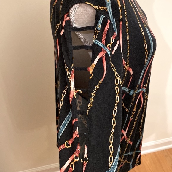 EST. 1946 Navy Knit Top with Cut Outs on Sleeves in Bright Colorful Pattern - Picture 3 of 9